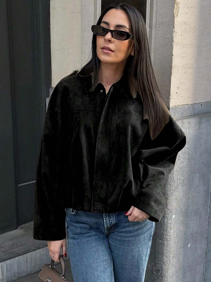 Dámská volná vintage bunda – klasický límec, dlouhý rukáv, podzimní styl