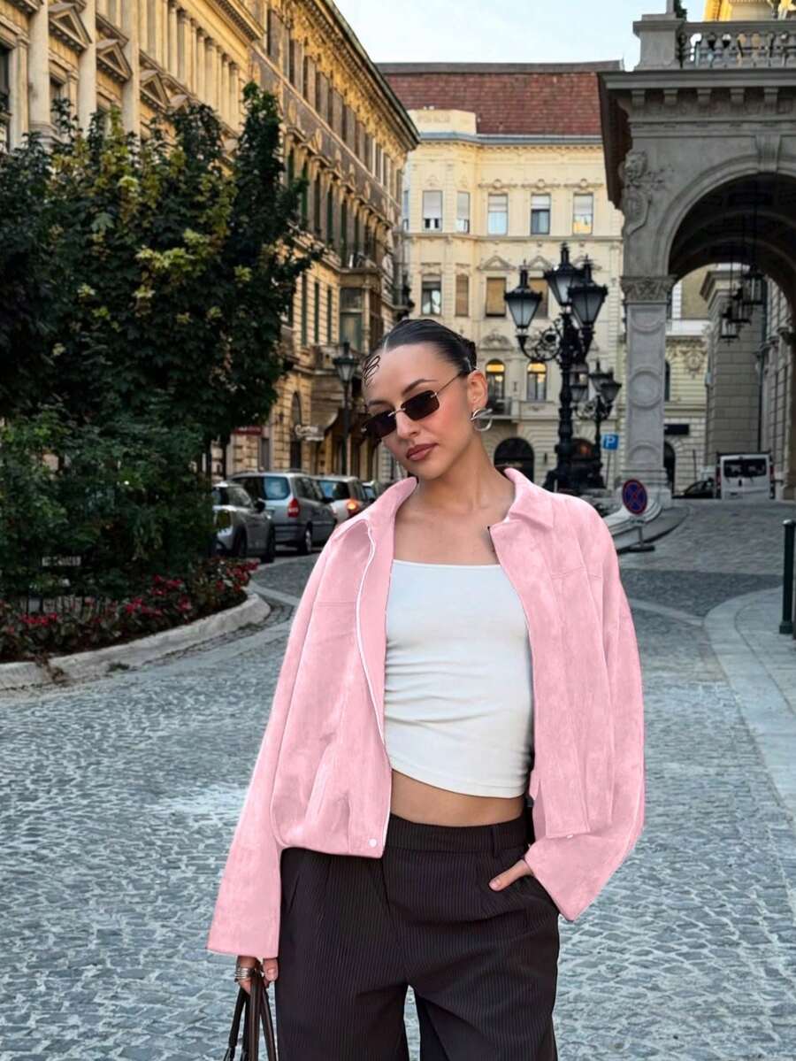 Dámská volná vintage bunda – klasický límec, dlouhý rukáv, podzimní styl