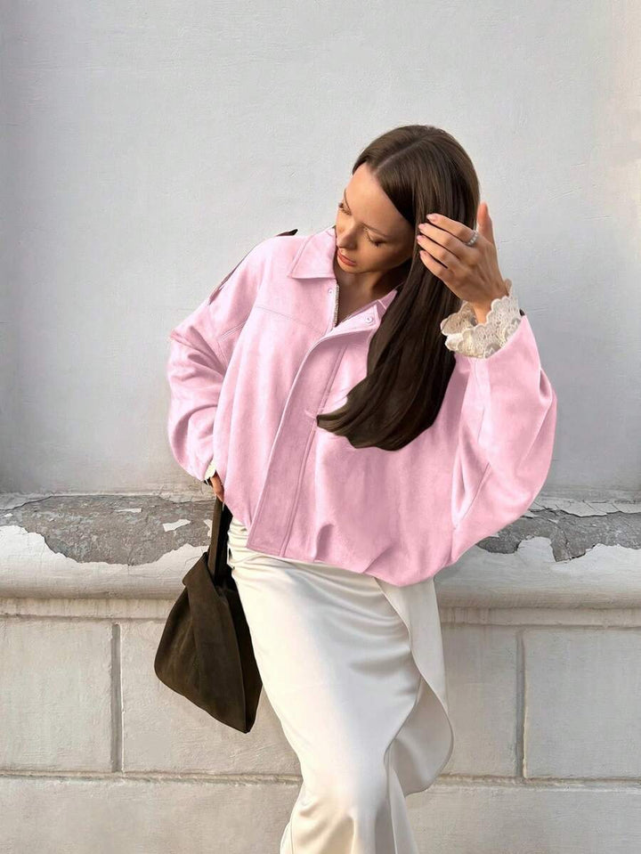 Dámská volná vintage bunda – klasický límec, dlouhý rukáv, podzimní styl