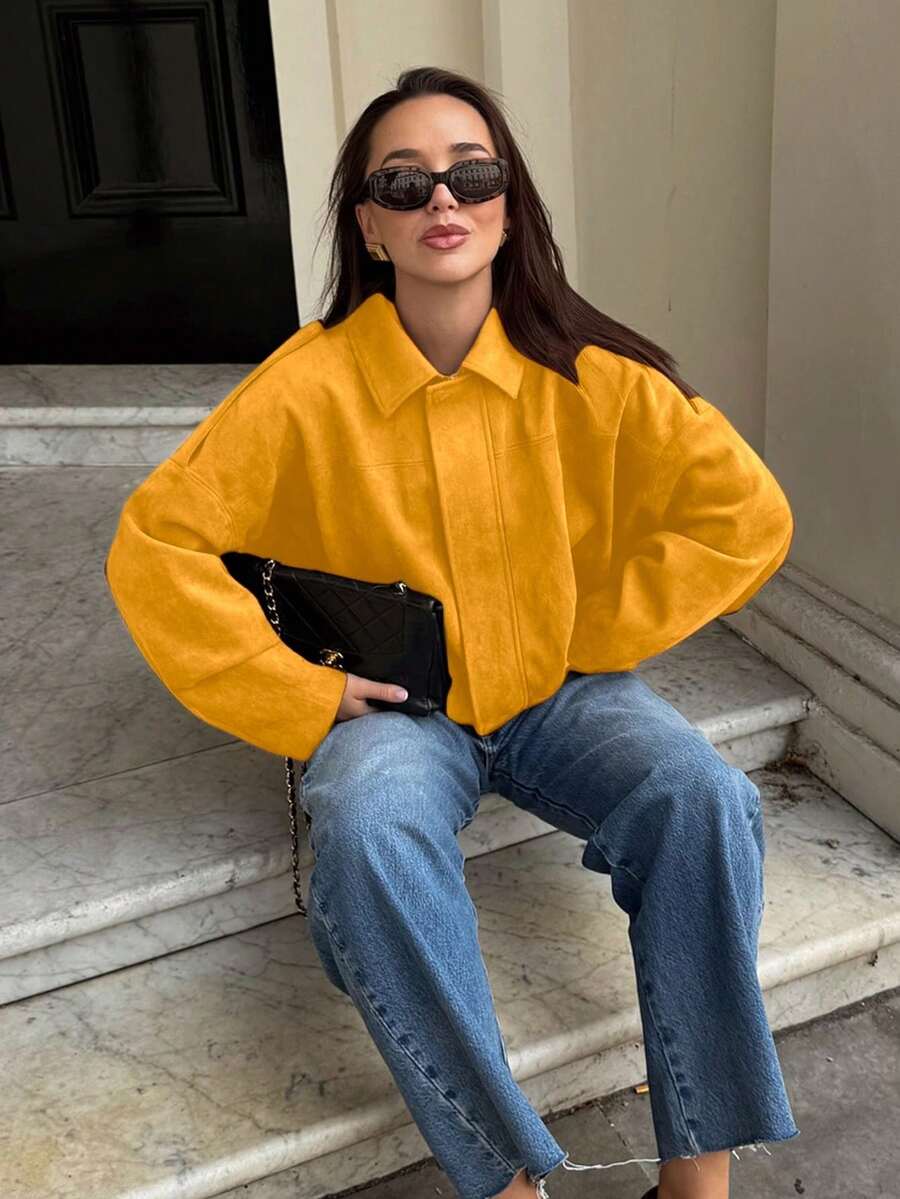 Dámská volná vintage bunda – klasický límec, dlouhý rukáv, podzimní styl