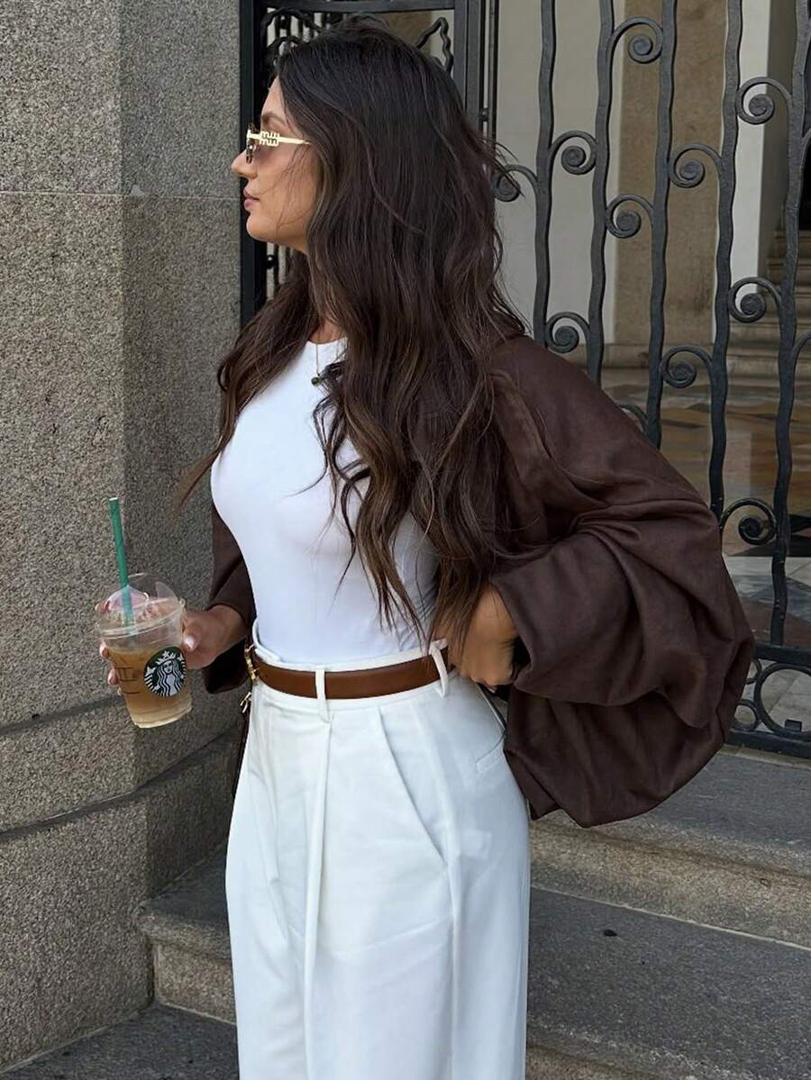 Dámská volná vintage bunda – klasický límec, dlouhý rukáv, podzimní styl