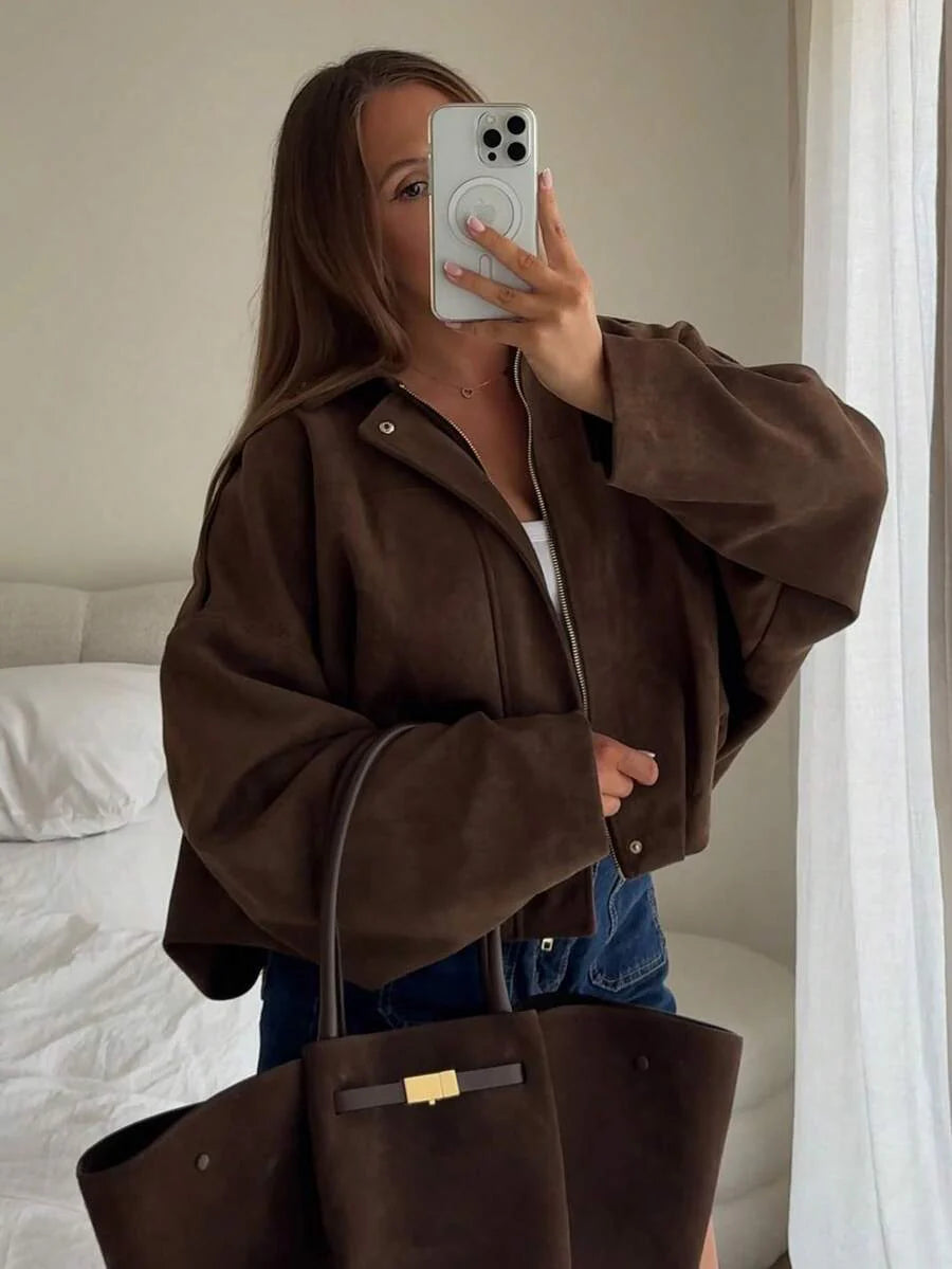 Dámská volná vintage bunda – klasický límec, dlouhý rukáv, podzimní styl