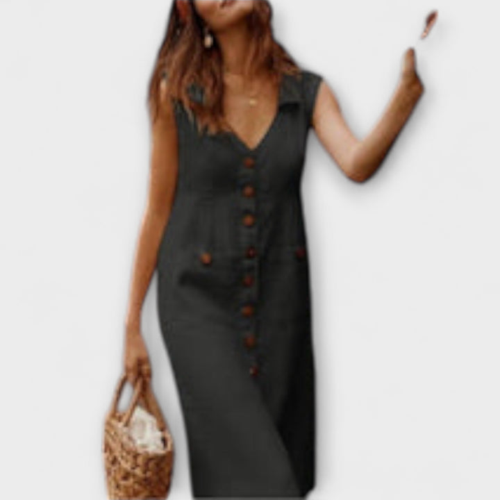 Jaroslava | Košilové šaty bez rukávů z bavlněného a lněného materiálu