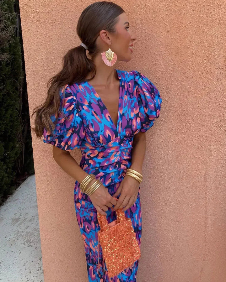 SIMONA | Elegantní šaty s výstřihem do V a nabíranými rukávy