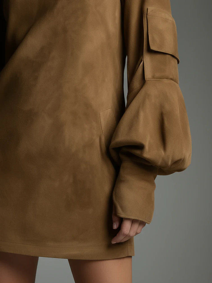 Viktorka | Volná mini šaty s rolákem v vintage stylu z semiše