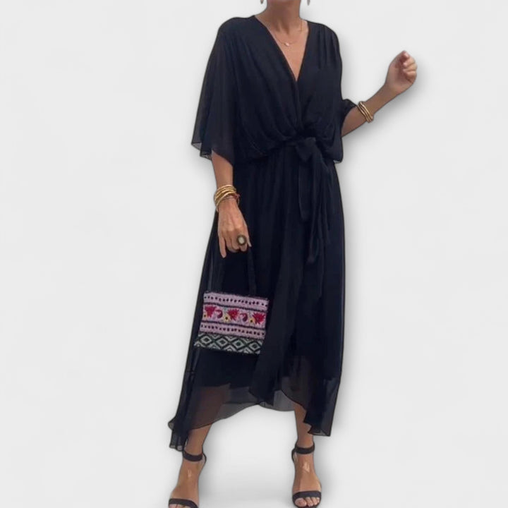 Mirka | Lehké dámské midi šaty s výstřihem do V a zavazováním v pase