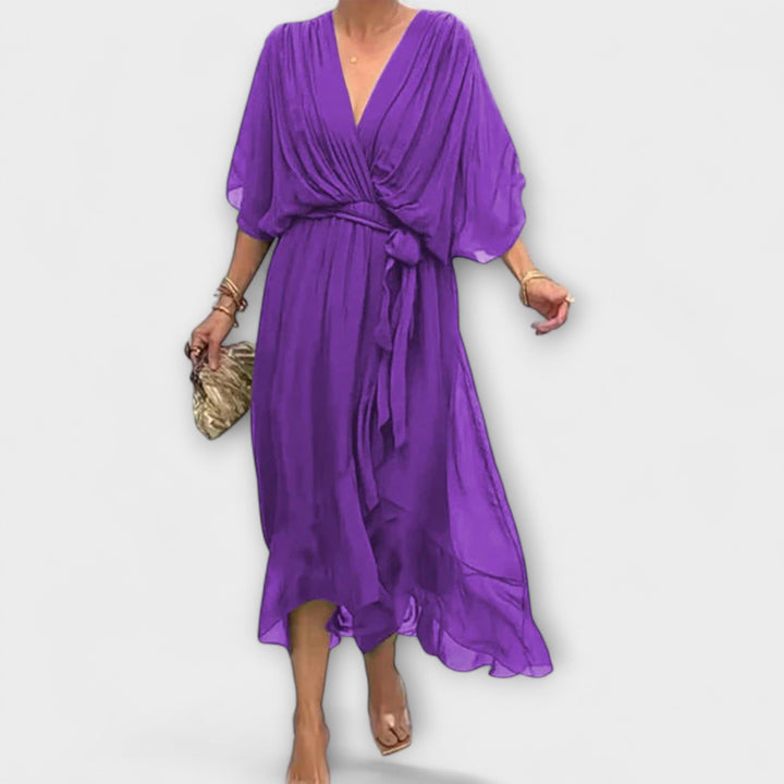 Mirka | Lehké dámské midi šaty s výstřihem do V a zavazováním v pase