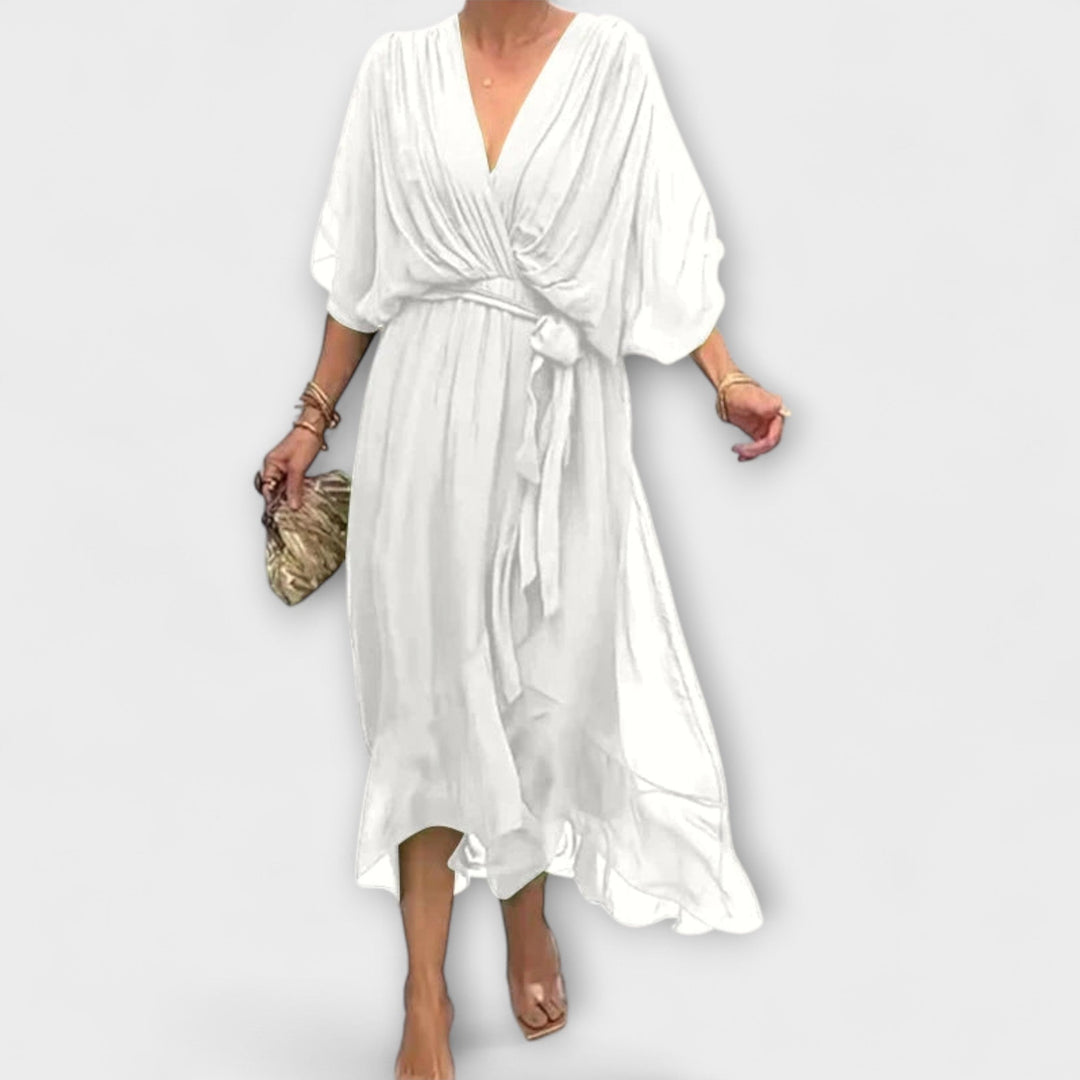 Mirka | Lehké dámské midi šaty s výstřihem do V a zavazováním v pase