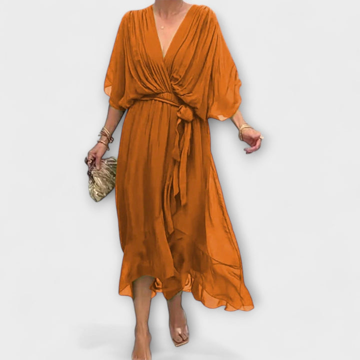 Mirka | Lehké dámské midi šaty s výstřihem do V a zavazováním v pase